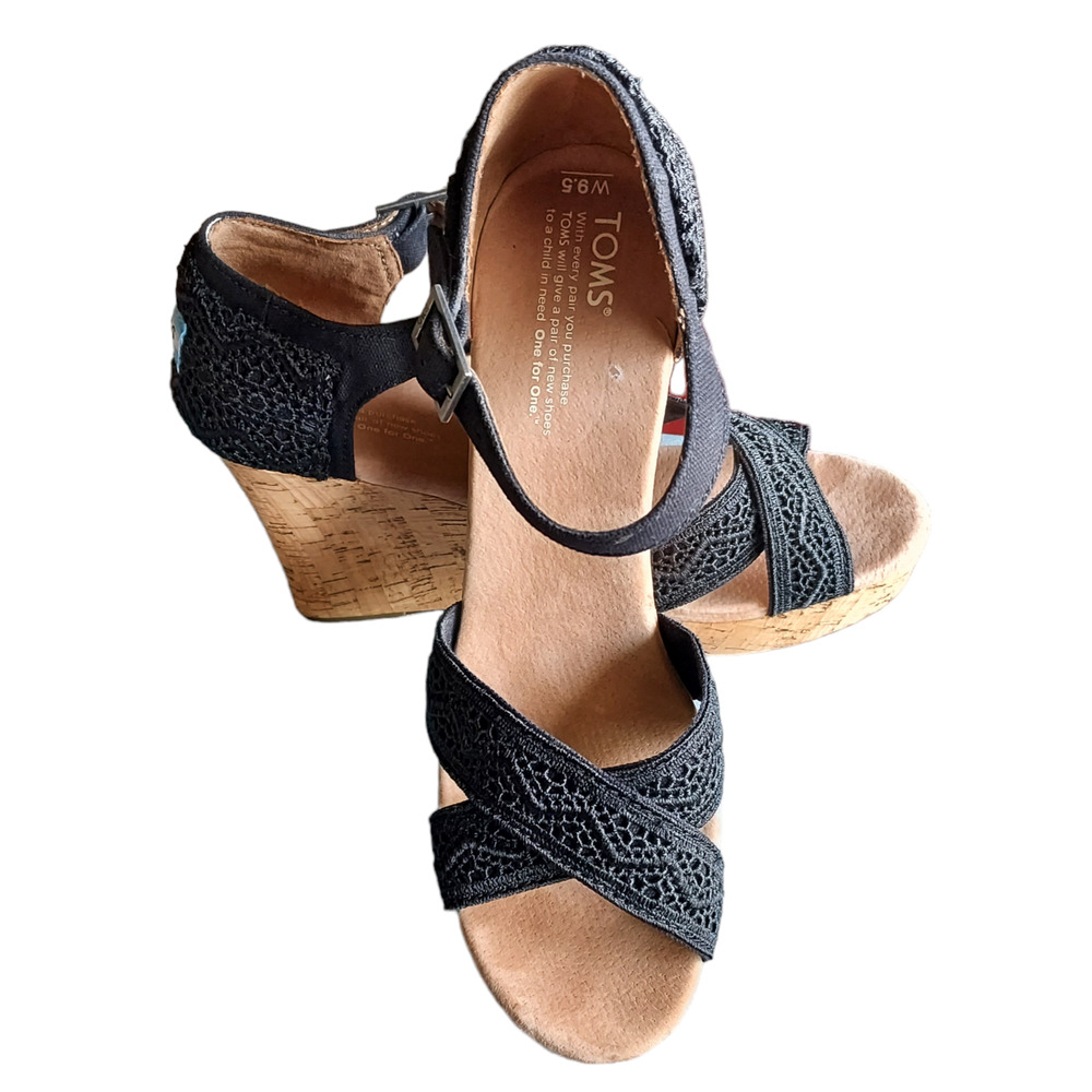 Toms Strappy Wedge Black Crochet Ankle Strap Cork Platform Cushion Insole 9.5